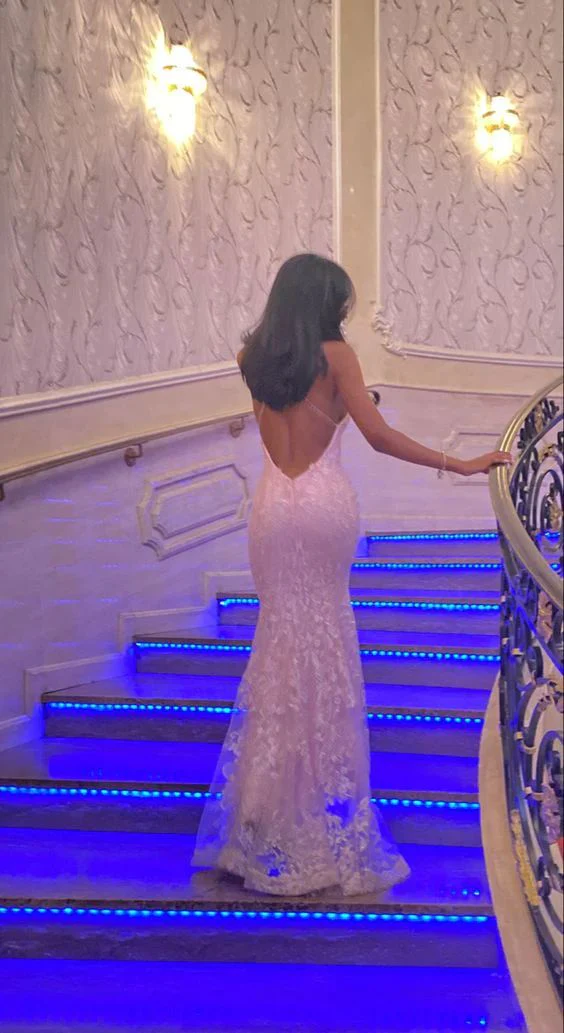 Robe de soirée sirène en dentelle rose romantique dos nu sans manches avec traîne Y1490