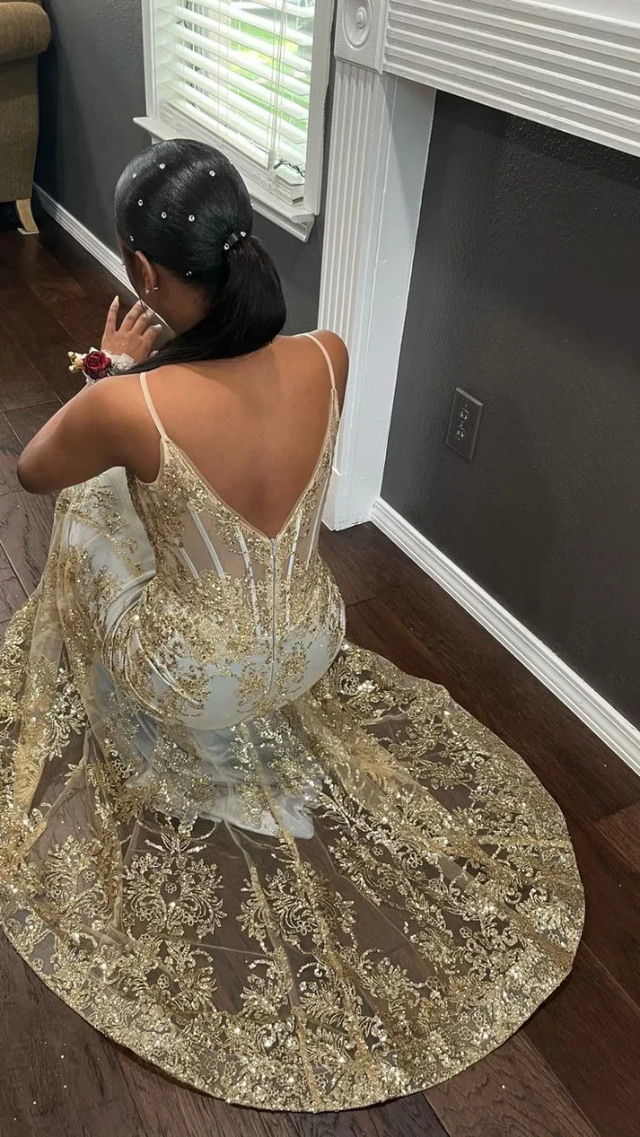 Robe de soirée sirène dorée style corset brodé princesse Y5887