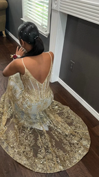 Robe de soirée sirène dorée style corset brodé princesse Y5887