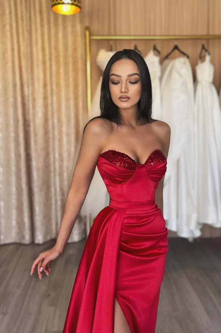 Vestido largo de fiesta rojo satinado con lentejuelas, vestido de noche rojo Y82