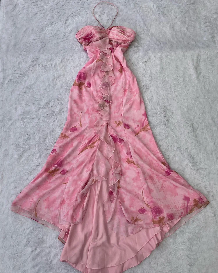 Vestido de noche rosa de gasa con estampado floral y volantes, corte halter, estilo sirena, modelo Y8306
