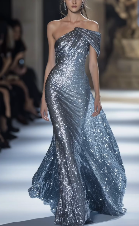 Robe de bal sirène à paillettes asymétriques Y8349