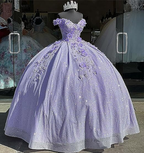 Vestido de gala azul con hombros descubiertos, vestido de graduación brillante con flores S26908