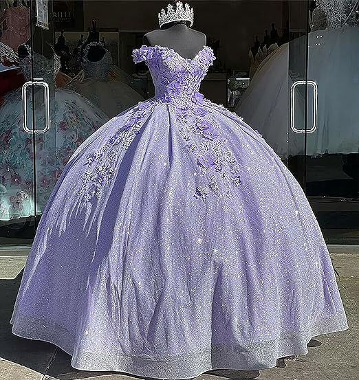 Vestido de gala azul con hombros descubiertos, vestido de graduación brillante con flores S26908