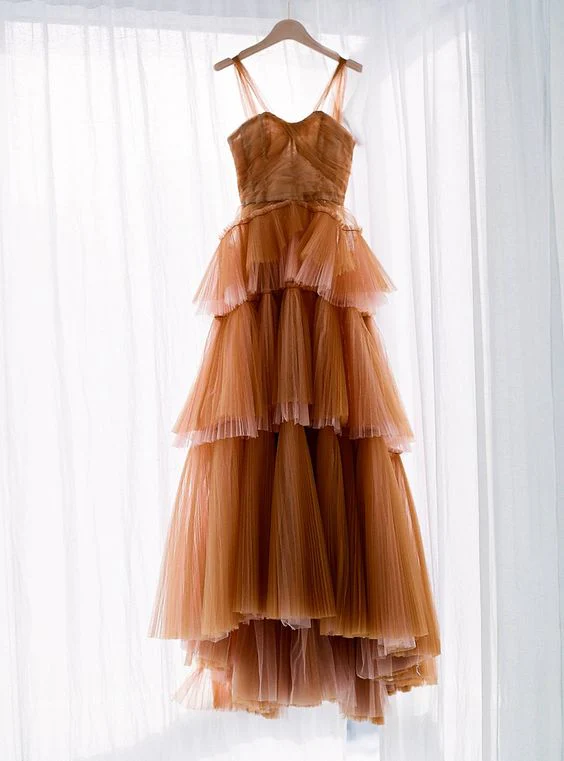 Vestido largo de tul marrón para baile de graduación, vestido de noche Y1257