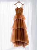 Vestido largo de tul marrón para baile de graduación, vestido de noche Y1257