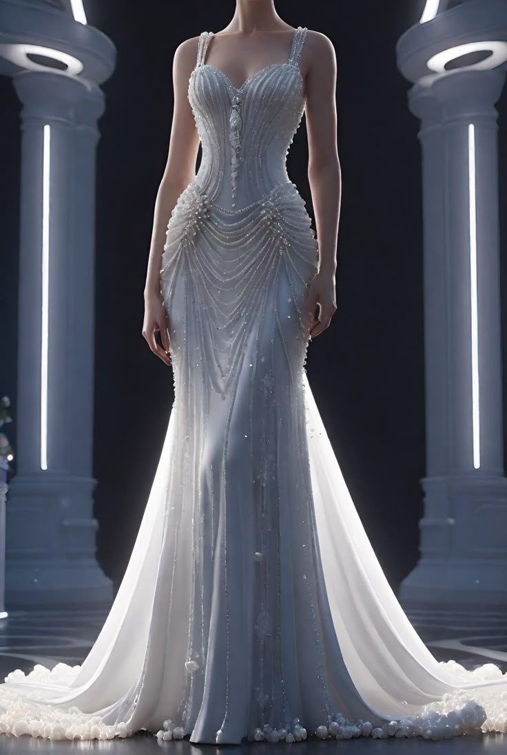 Precioso vestido de noche de sirena blanco de gasa con perlas y cuentas, vestido de novia, vestido largo de graduación Y8318