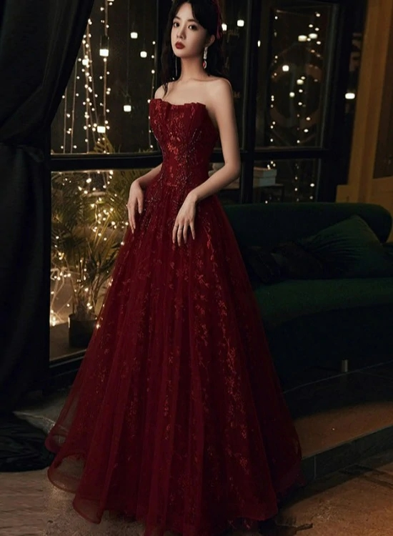 Robe de soirée longue bordeaux en dentelle florale et tulle, robe de cocktail, robe de cérémonie Y1661
