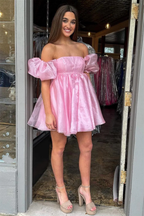 Robe de bal rose à col carré et manches ballon, coupe trapèze, référence Y2434