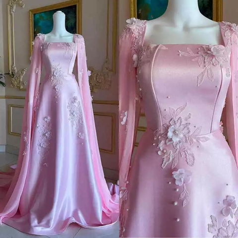 Luxury Pink Satin Long A Line Evening Dress Pretty Appliques Prom Dress Y7591