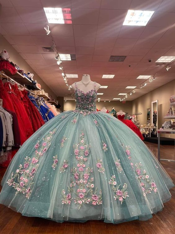 Robe de bal à paillettes, décolleté cœur et fines bretelles, ornée de magnifiques appliqués floraux 3D et de perles (Y4711)