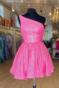 Vestido corto de fiesta rosa fucsia con un solo hombro y corte en A, con lentejuelas Y1487