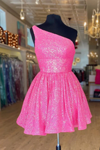 Vestido corto de fiesta rosa fucsia con un solo hombro y corte en A, con lentejuelas Y1487