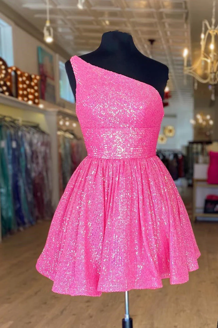 Vestido corto de fiesta rosa fucsia con un solo hombro y corte en A, con lentejuelas Y1487