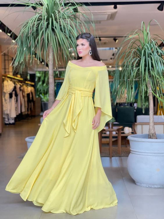 Robe de bal jaune en mousseline de soie, coupe trapèze, robe de soirée jaune Y5815