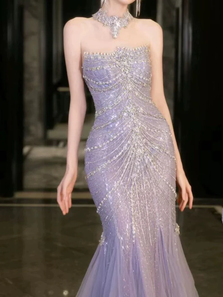 Magnifique robe de bal de promo sirène en tulle lilas ornée de perles Y8057