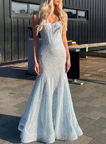 Gorgeous Sequins Beaded Mermaid Evening Dress Blue Straps Prom Dress Y8444