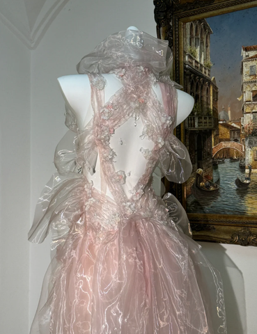 Vestido de fiesta largo de noche sin espalda, de tul rosa hada con cuentas Y8564