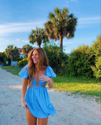 Robe de bal bleue à découpe taille haute, robe de plage bleue Y2748