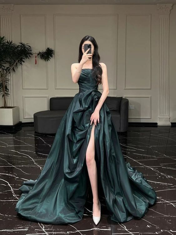 Vintage Green Strapless Satin Party Dress Formal A Line Prom Evening Dress Y8350
