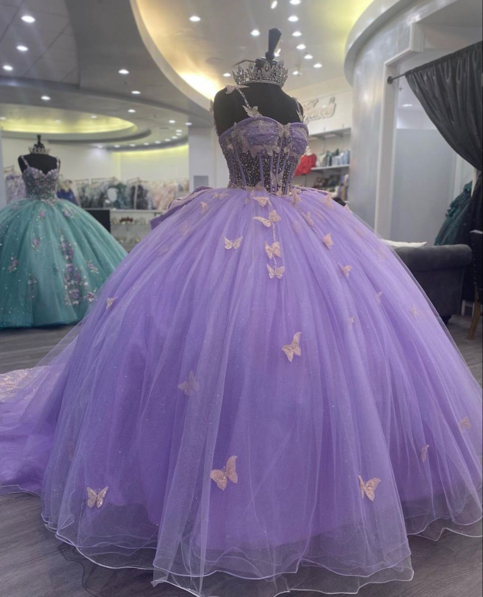 Vestido de baile de tul morado con mariposas, vestido para quinceañera, vestido de princesa morado Y2270