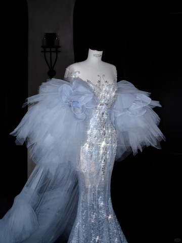 Beautiful Mermaid Sequin Beaded Evening Dress Blue Tulle Prom Dress Y8690