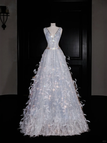 Glamorous V Neck Tulle Beaded Feathers A Line Prom Dress Evening Dress Y8682