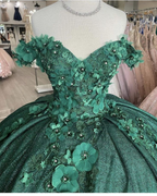 Vestido de gala verde con hombros descubiertos y flores para quinceañera Y4436