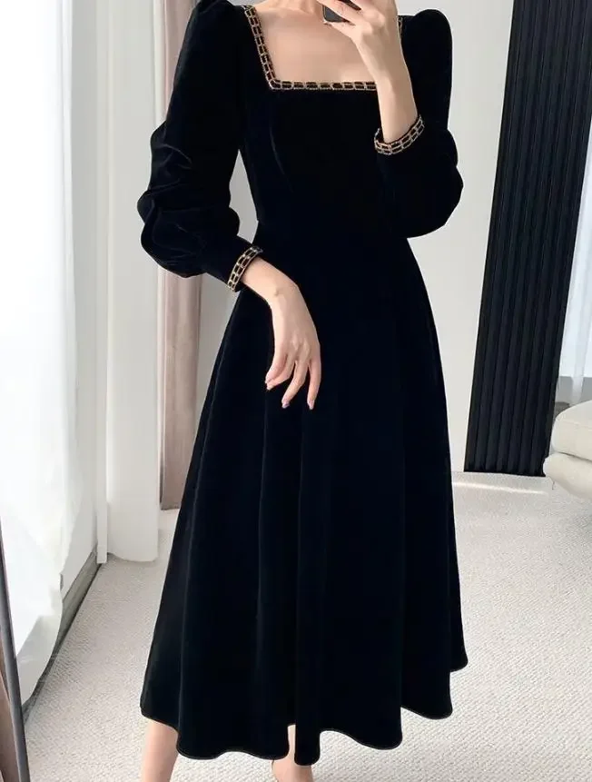 Robe en velours pour femme, manches longues, col carré, élégante, moulante, patchwork, robe de soirée tendance Y6744