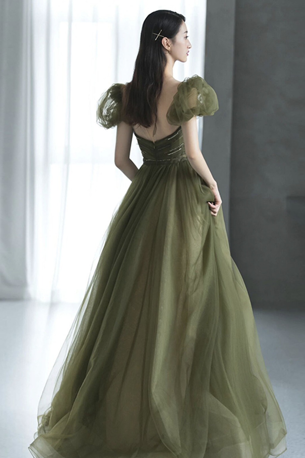 Vestido largo de tul verde para baile de graduación, vestido de noche verde Y623