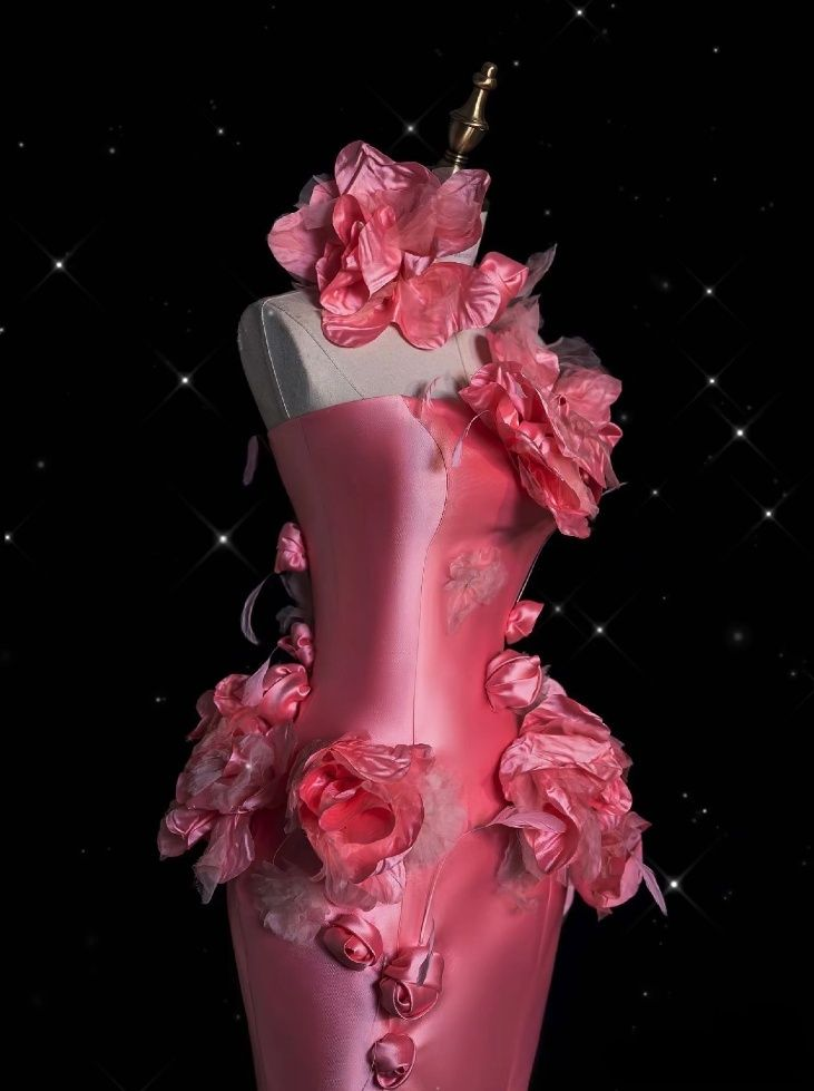 Vestido largo de noche de sirena con flores 3D de satén rosa, bonito modelo Y8339