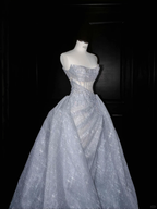 Robe de bal/de soirée/de mariage Y8676 en tulle bleu pailleté sans bretelles et sequins