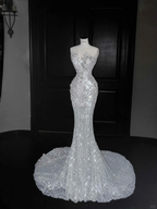 Vestido de novia sirena romántico de tul blanco con lentejuelas y cuentas, vestido largo de noche para baile de graduación Y8667