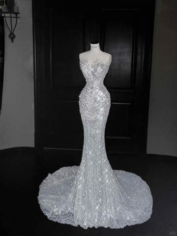 Romantic White Tulle Sequin Beaded Mermaid Wedding Dress,Long Prom Evening Dress  Y8667