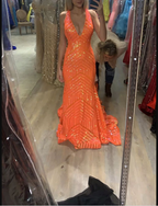 Robe de bal longue sirène sexy à paillettes et col en V, robe de soirée orange Y1397