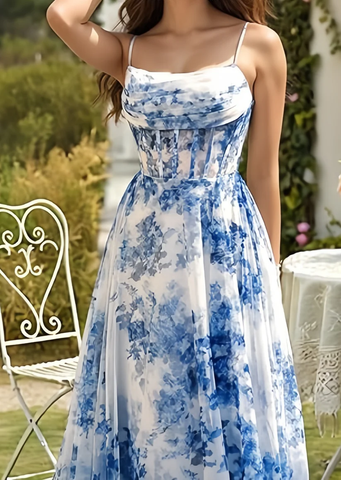 Vestido de fiesta azul glamuroso de gasa con estampado floral, abertura lateral, tirantes finos, estilo Y8277