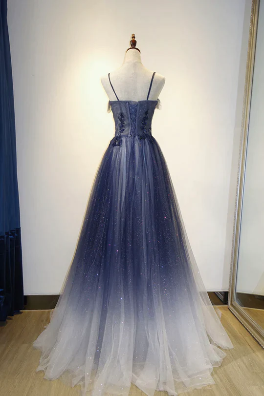 Robe de soirée longue élégante à bretelles en tulle dégradé, robe de bal en tulle trapèze Y1807