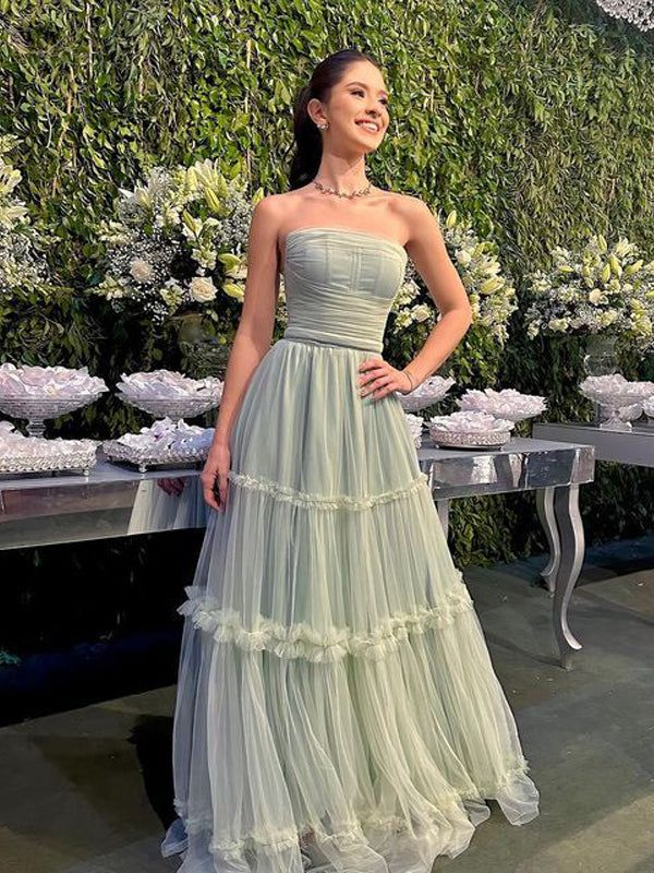 Robe de soirée longue maxi verte élégante, coupe trapèze, sans bretelles, Y4823