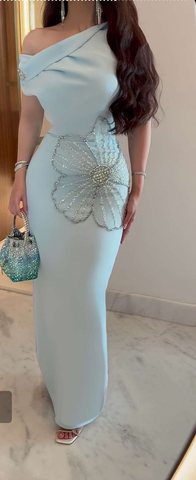 Chic One Shoulder Satin Beaded Prom Dress Blue Evening Dress Y8260