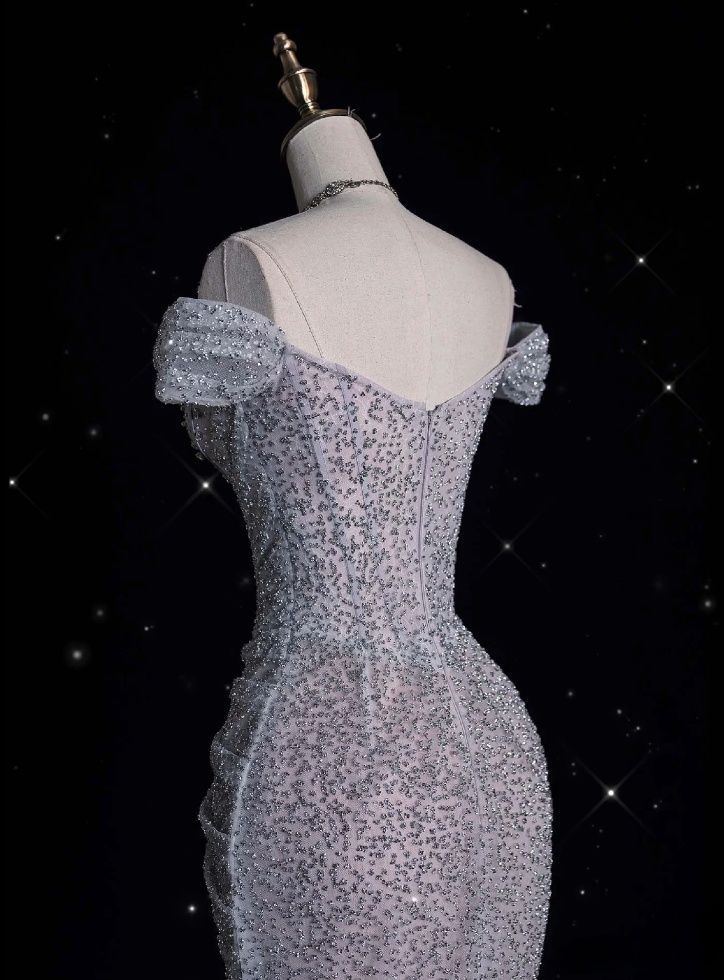 Vestido largo de noche de sirena con hombros descubiertos, tul lila brillante y cuentas, modelo Y8054