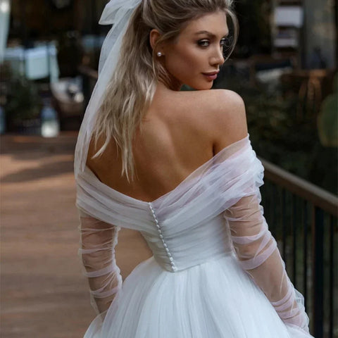 Simple Tulle Long Sleevees Wedding Dresses 2023 For Bridal Off Shoulder Backless A-Line Sweep Train Boho Vestido De Novia
