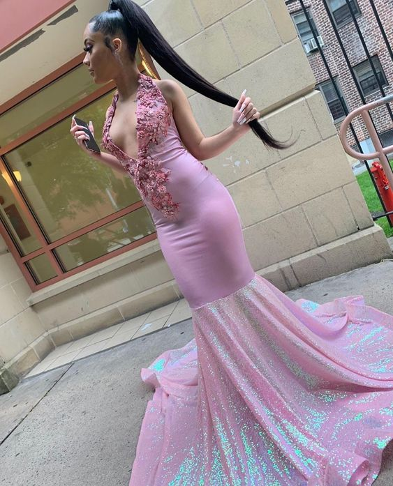 Vestido largo de fiesta rosa con cuello halter para niñas negras, con apliques, lentejuelas, estilo sirena, ideal para cumpleaños y fiestas temáticas (Y6379)