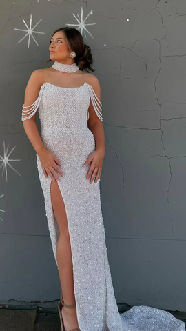 Vestido de noche de sirena con lentejuelas y perlas brillantes, estilo sirena, con hombros descubiertos y abertura Y8023
