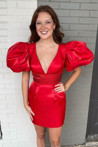 Robe de soirée rouge satinée à manches bouffantes Y2296