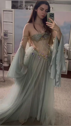 Elegant Off The Shoulder Tulle Appliques Evening Dress A Line Long Prom Dress Y8184