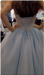 Vestido de baile con corsé azul claro brillante y cuentas, vestido de baile azul claro para niña con cuentas Y774