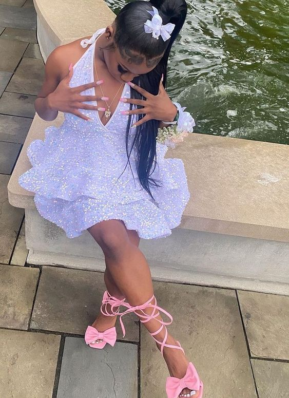 Vestido corto y sexy blanco/rosa/negro para fiesta de bienvenida con lentejuelas para mujer Y1613