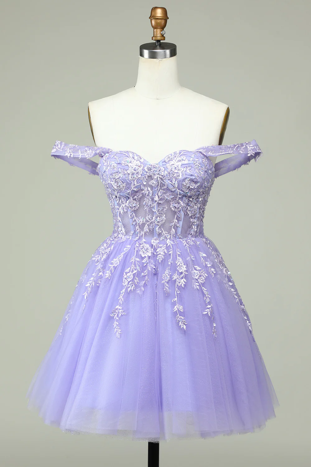 Vestido de fiesta lila con corsé y hombros descubiertos, modelo Y2168