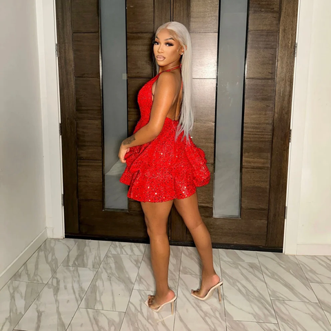 Red Sequin Tiered Homecoming Dress 18th Birthday Party Dress Y2444