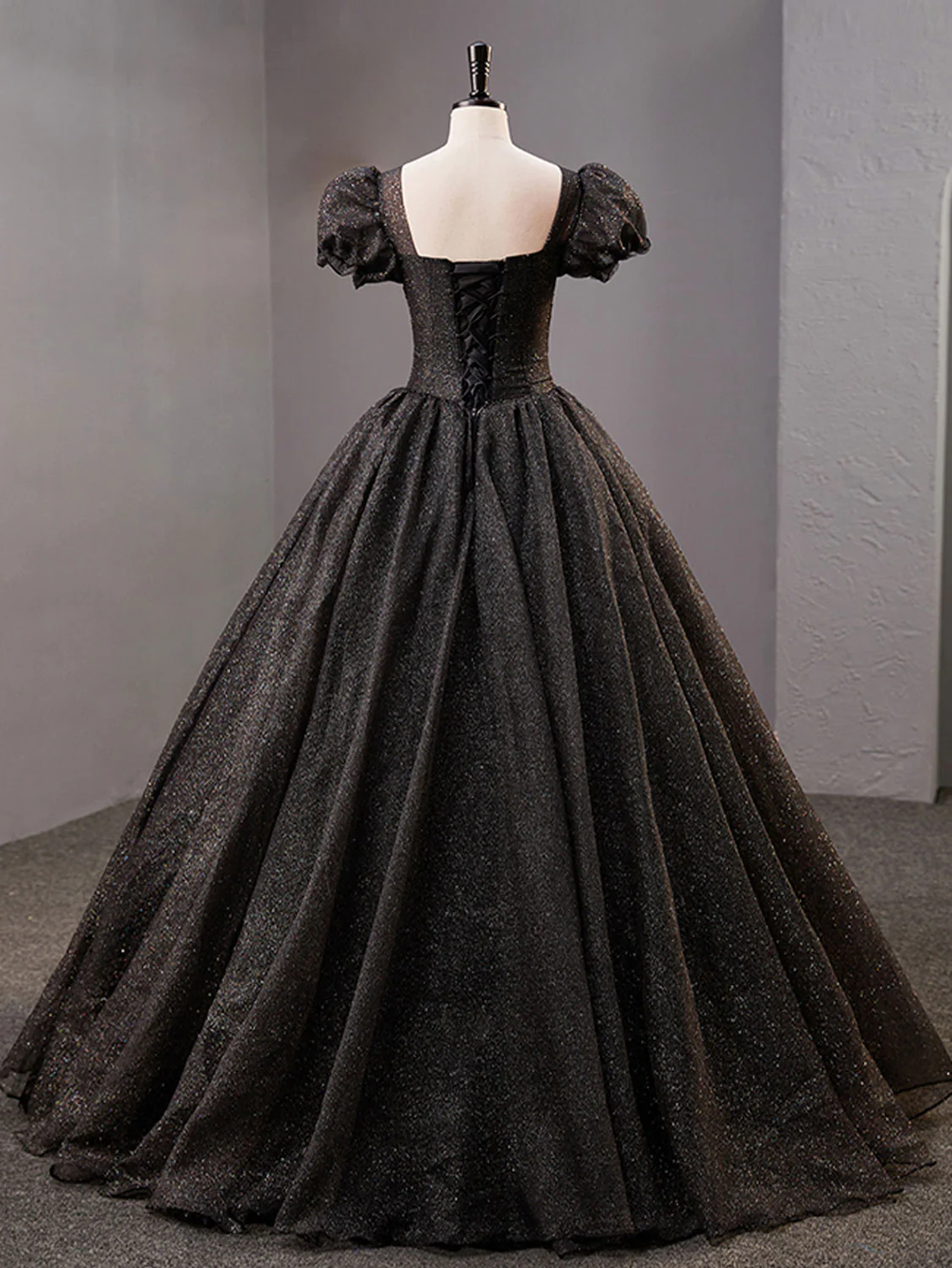 Black Square Neckline Tulle Long Prom Dress Shiny Black Evening Dresses Y4386